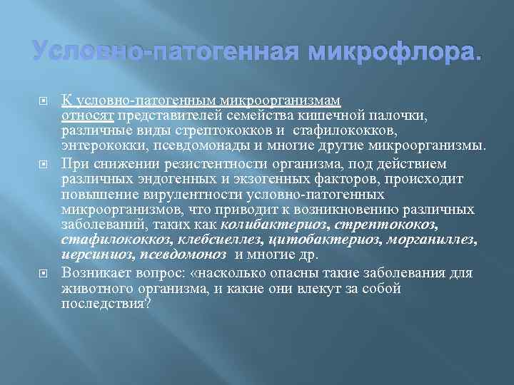 Условно-патогенная микрофлора. К условно-патогенным микроорганизмам относят представителей семейства кишечной палочки, различные виды стрептококков и