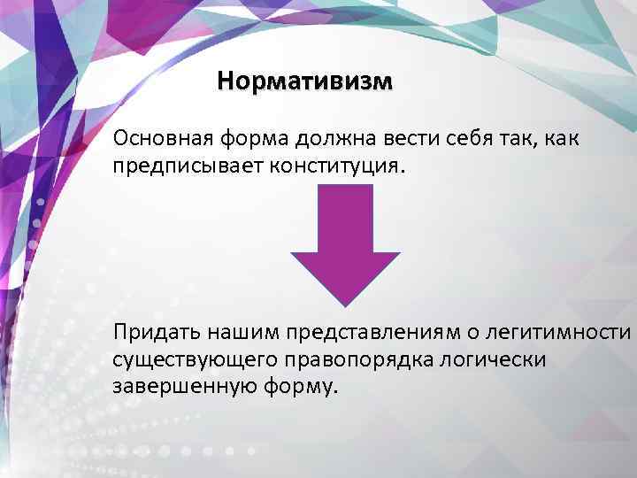  Нормативизм Основная форма должна вести себя так, как предписывает конституция. Придать нашим представлениям