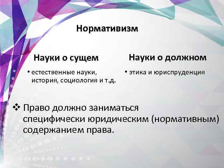  Нормативизм Науки о сущем • естественные науки, история, социология и т. д. Науки