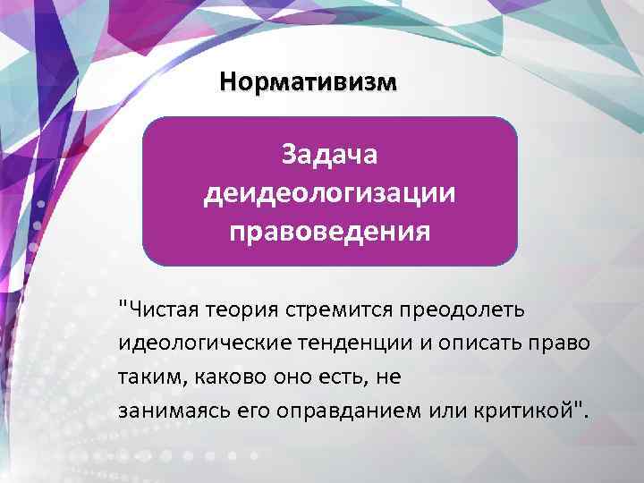  Нормативизм Задача деидеологизации правоведения "Чистая теория стремится преодолеть идеологические тенденции и описать право