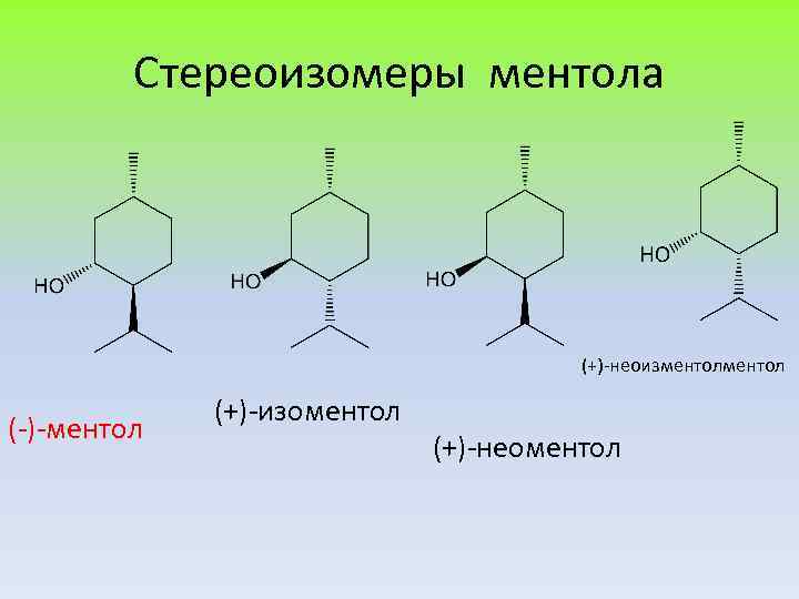 Стереоизомеры ментола (+)-неоизментол (-)-ментол (+)-изоментол (+)-неоментол 