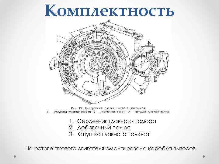 Комплектность 1. Сердечник главного полюса 2. Добавочный полюс 3. Катушка главного полюса На остове