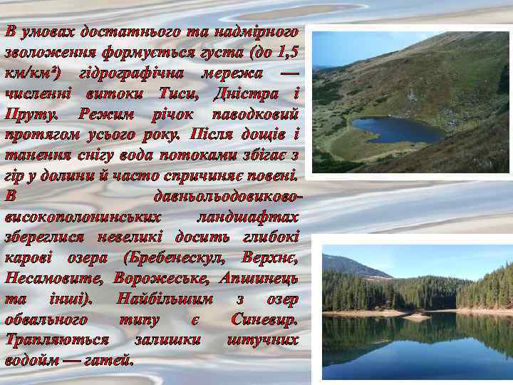 В умовах достатнього та надмірного зволоження формується густа (до 1, 5 км/км²) гідрографічна мережа