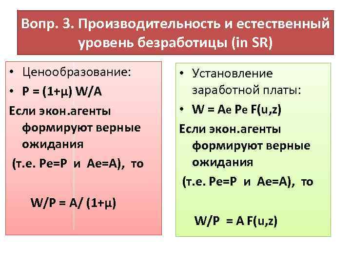 Вопр. 3. Производительность и естеcтвенный уровень безработицы (in SR) • Ценообразование: • P =