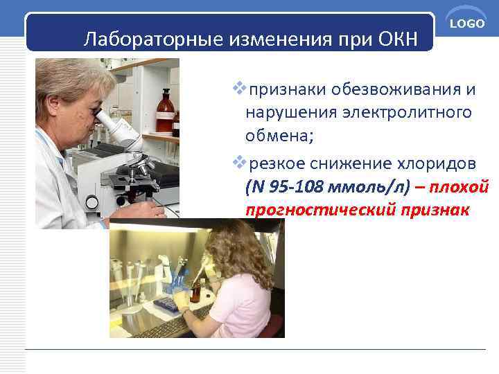 Лабораторные изменения при ОКН LOGO vпризнаки обезвоживания и нарушения электролитного обмена; vрезкое снижение хлоридов