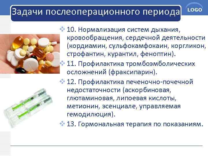 Задачи послеоперационного периода LOGO v 10. Нормализация систем дыхания, кровообращения, сердечной деятельности (кордиамин, сульфокамфокаин,