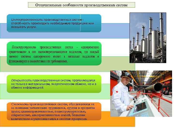 Отличительные особенности производственных систем Целенаправленность производственных систем способ ность производить необходимую продукцию или оказывать