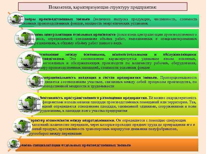 Показатели, характеризующие структуру предприятия: Размеры производственных звеньев (величина выпуска продукции, численность, стоимость основных производственных