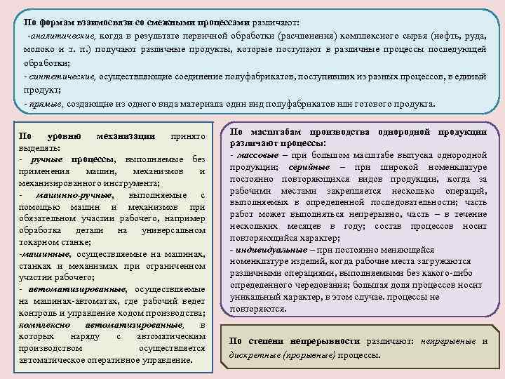 По формам взаимосвязи со смежными процессами различают: аналитические, когда в результате первичной обработки (расчленения)