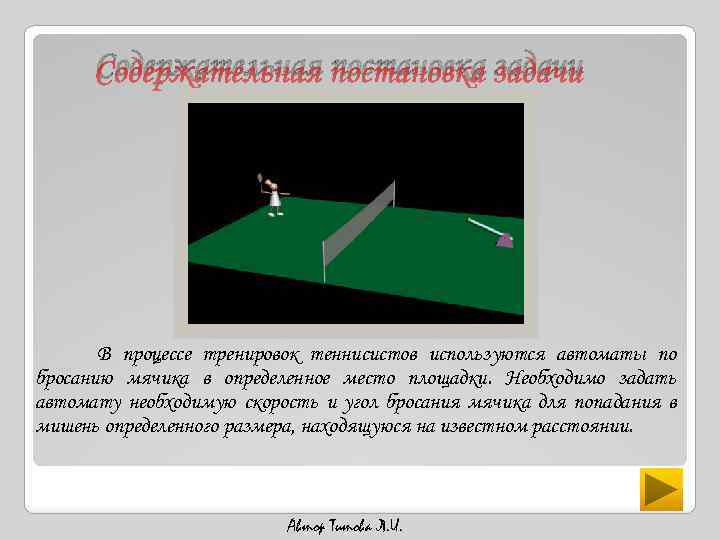 Содержательная постановка задачи В процессе тренировок теннисистов используются автоматы по бросанию мячика в определенное