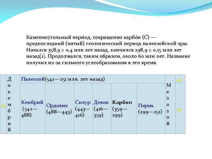 Каменноу гольный пери од, сокращенно карбо н (С) — предпоследний (пятый) геологический период палеозойской