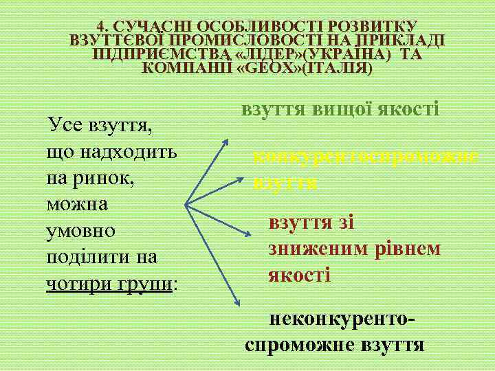 4. СУЧАСНІ ОСОБЛИВОСТІ РОЗВИТКУ ВЗУТТЄВОЇ ПРОМИСЛОВОСТІ НА ПРИКЛАДІ ПІДПРИЄМСТВА «ЛІДЕР» (УКРАЇНА) ТА КОМПАНІЇ «GEOX»