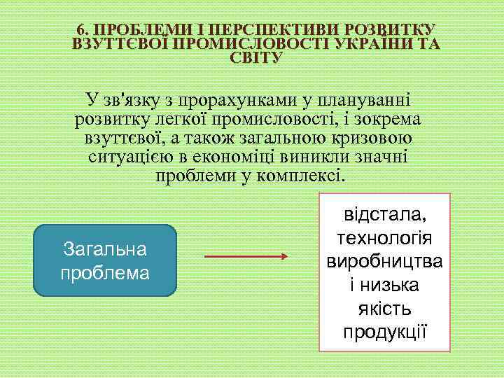6. ПРОБЛЕМИ І ПЕРСПЕКТИВИ РОЗВИТКУ ВЗУТТЄВОЇ ПРОМИСЛОВОСТІ УКРАЇНИ ТА СВІТУ У зв'язку з прорахунками