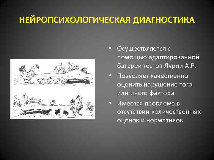 НЕЙРОПСИХОЛОГИЧЕСКАЯ ДИАГНОСТИКА • Осуществляется с помощью адаптированной батареи тестов Лурии А. Р. • Позволяет