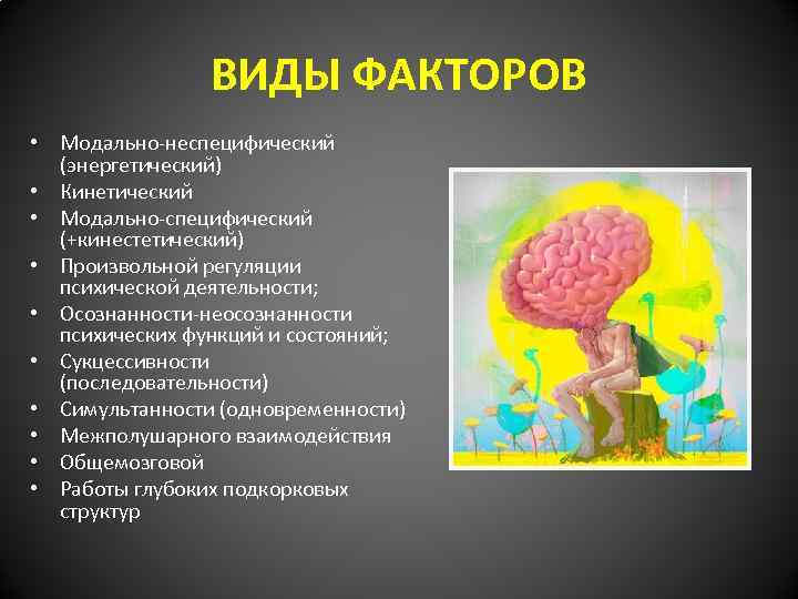 ВИДЫ ФАКТОРОВ • Модально-неспецифический (энергетический) • Кинетический • Модально-специфический (+кинестетический) • Произвольной регуляции психической