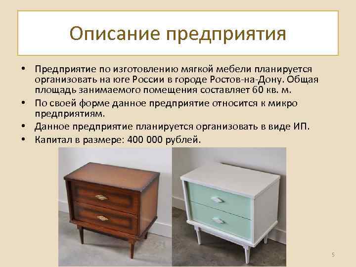 Описание предприятия • Предприятие по изготовлению мягкой мебели планируется организовать на юге России в