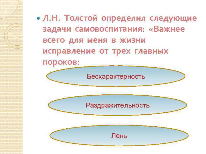  Л. Н. Толстой определил следующие задачи самовоспитания: «Важнее всего для меня в жизни