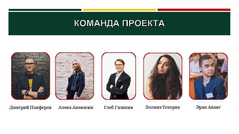 КОМАНДА ПРОЕКТА Дмитрий Панферов Алена Апанасюк Глеб Галяпин Эллина Теперик Эрик Ананг 