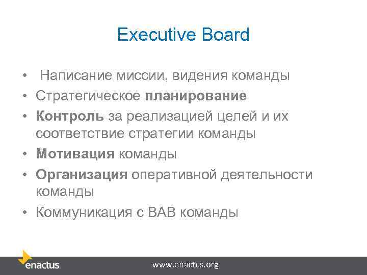 Executive Board • Написание миссии, видения команды • Стратегическое планирование • Контроль за реализацией