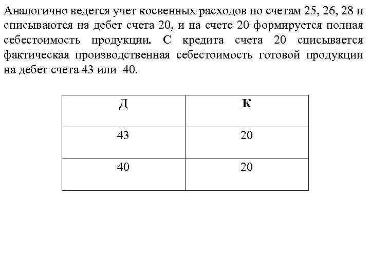 Аналогично ведется учет косвенных расходов по счетам 25, 26, 28 и списываются на дебет