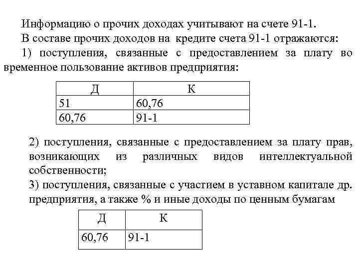 Информацию о прочих доходах учитывают на счете 91 -1. В составе прочих доходов на