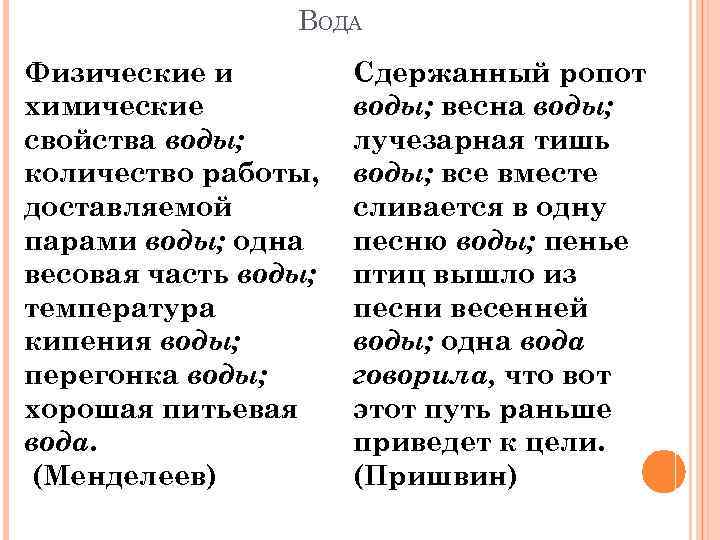 ВОДА Физические и химические свойства воды; количество работы, доставляемой парами воды; одна весовая часть