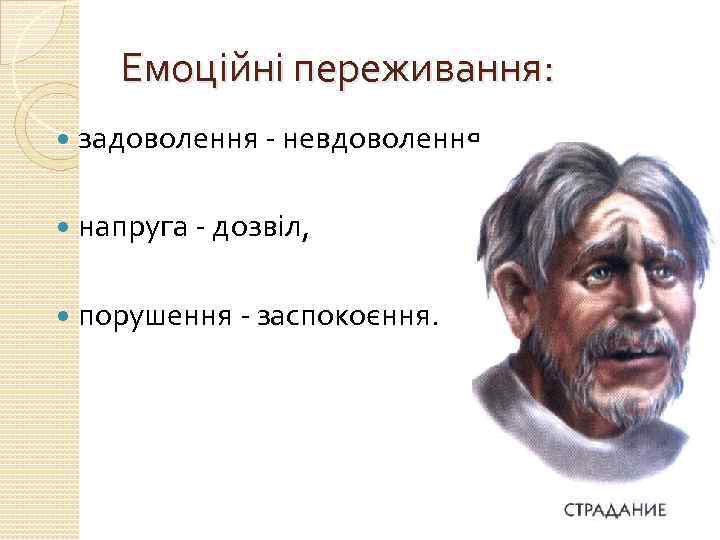 Емоційні переживання: задоволення - невдоволення, напруга - дозвіл, порушення - заспокоєння. 