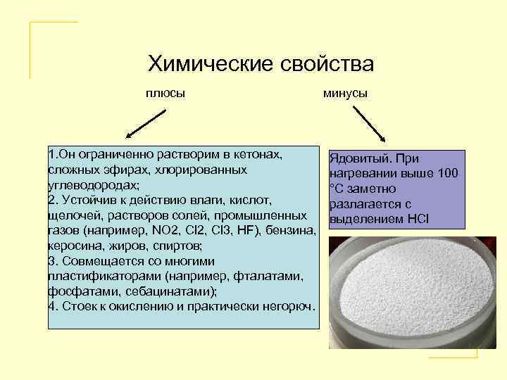 Химические свойства плюсы 1. Он ограниченно растворим в кетонах, сложных эфирах, хлорированных углеводородах; 2.