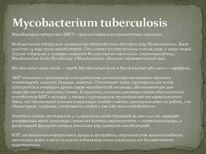 Mycobacterium tuberculosis Микобактерии туберкулеза (МБТ) – факультативные внутриклеточные паразиты. Возбудителями туберкулеза являются кислотоустойчивые бактерии