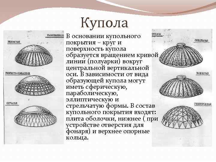 Купола В основании купольного покрытия – круг и поверхность купола образуется вращением кривой линии