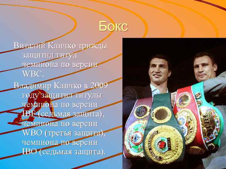 Бокс Виталий Кличко трижды защитил титул чемпиона по версии WBC. Владимир Кличко в 2009