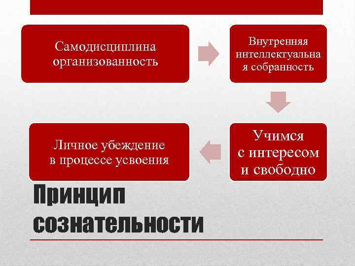 Самодисциплина организованность Внутренняя интеллектуальна я собранность Личное убеждение в процессе усвоения Учимся с интересом