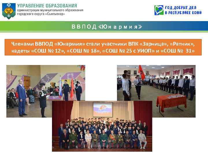 ВВПОД «Юнармия» Членами ВВПОД «Юнармия» стали участники ВПК «Зарница» , «Ратник» , кадеты «СОШ