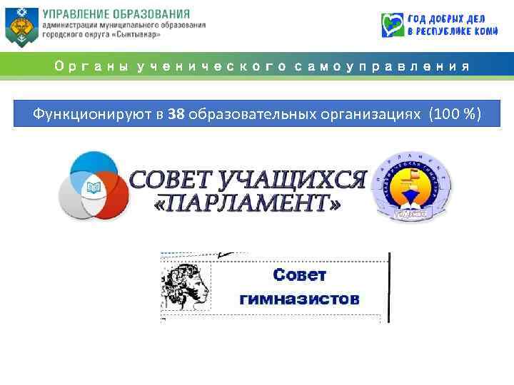 Органы ученического самоуправления Функционируют в 38 образовательных организациях (100 %) 
