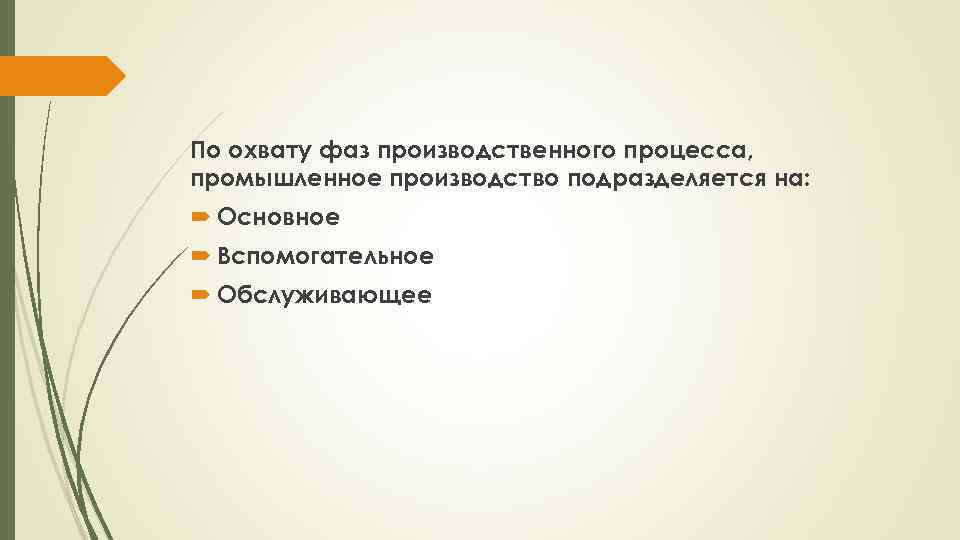 По охвату фаз производственного процесса, промышленное производство подразделяется на: Основное Вспомогательное Обслуживающее 