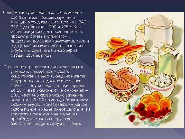 Содержание углеводов в рационе должно составлять для пожилых мужчин и женщин в среднем соответственно