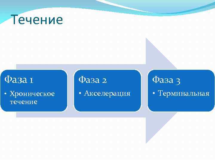 Течение Фаза 1 Фаза 2 Фаза 3 • Хроническое течение • Акселерация • Терминальная
