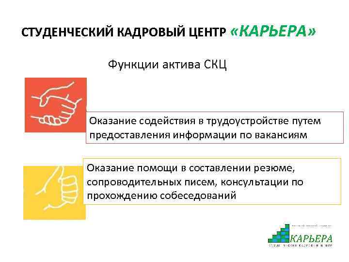 СТУДЕНЧЕСКИЙ КАДРОВЫЙ ЦЕНТР «КАРЬЕРА» Функции актива СКЦ Оказание содействия в трудоустройстве путем предоставления информации