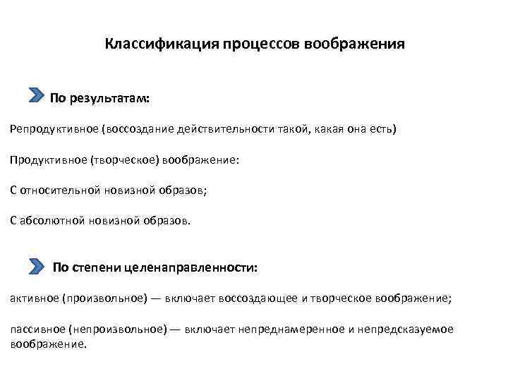 Классификация процессов воображения По результатам: Репродуктивное (воссоздание действительности такой, какая она есть) Продуктивное (творческое)