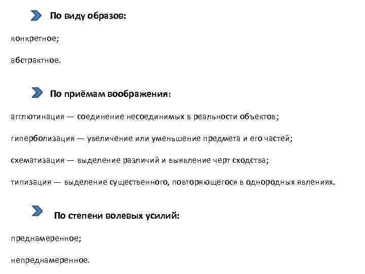 По виду образов: конкретное; абстрактное. По приёмам воображения: агглютинация — соединение несоединимых в реальности