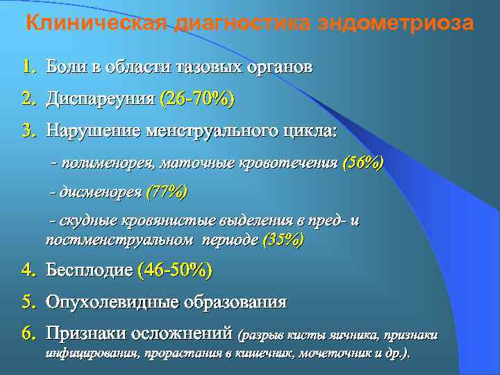 Клиническая диагностика эндометриоза 1. Боли в области тазовых органов 2. Диспареуния (26 -70%) 3.