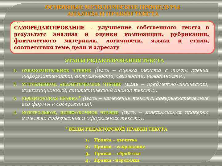 ОСНОВНЫЕ МЕТОДИЧЕСКИЕ ПРОЦЕДУРЫ АНАЛИЗА И ПРАВКИ ТЕКСТА САМОРЕДАКТИРОВАНИЕ – улучшение собственного текста в результате