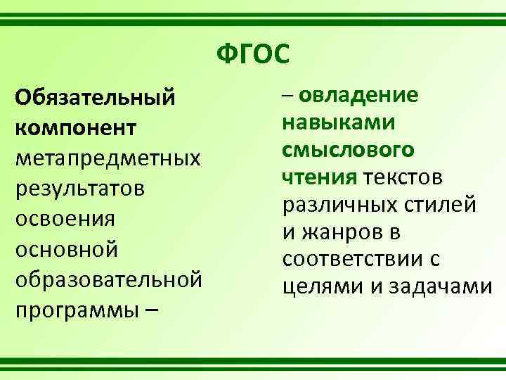 ФГОС Обязательный компонент метапредметных результатов освоения основной образовательной программы – – овладение навыками смыслового