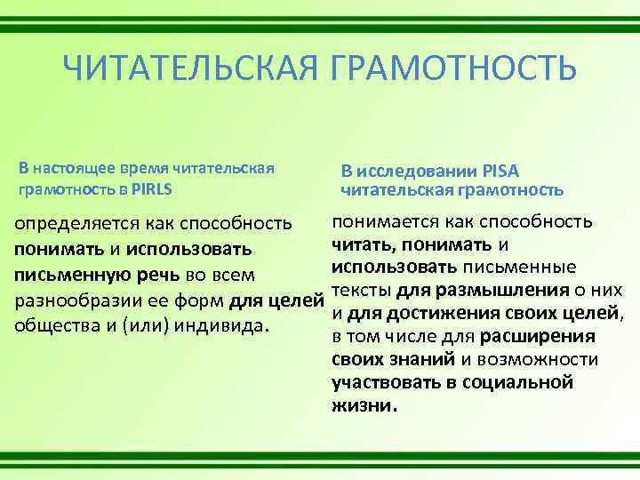 ЧИТАТЕЛЬСКАЯ ГРАМОТНОСТЬ В настоящее время читательская грамотность в PIRLS определяется как способность понимать и