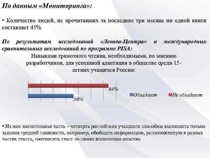 По данным «Мониторинга» : • Количество людей, не прочитавших за последние три месяца ни