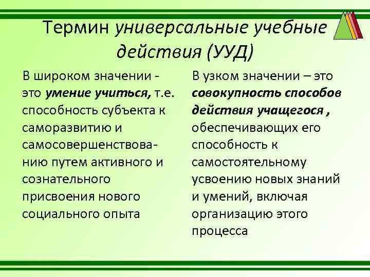 Термин универсальные учебные действия (УУД) В широком значении - это умение учиться, т. е.