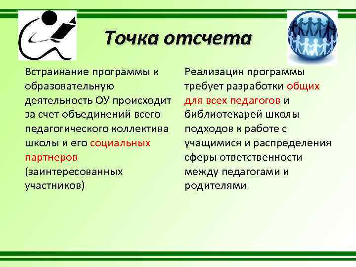 Точка отсчета Встраивание программы к образовательную деятельность ОУ происходит за счет объединений всего педагогического