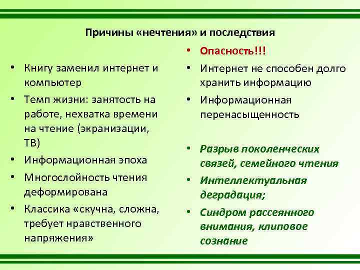 Причины «нечтения» и последствия • Книгу заменил интернет и компьютер • Темп жизни: занятость