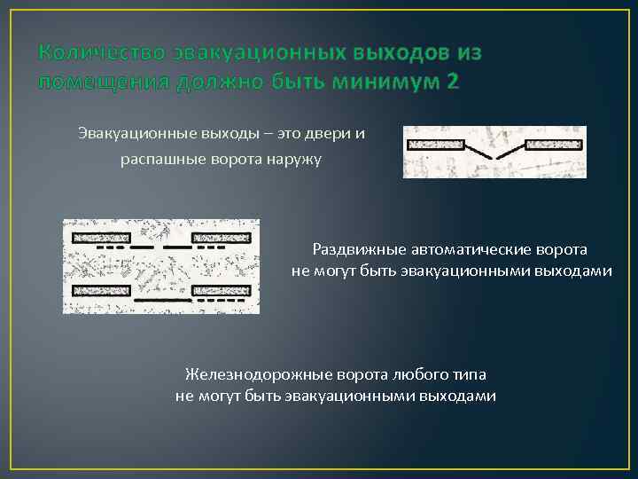 Количество эвакуационных выходов из помещения должно быть минимум 2 Эвакуационные выходы – это двери