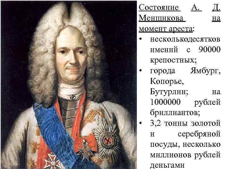 Состояние А. Д. Меншикова на момент ареста: • несколько есятков д имений с 90000